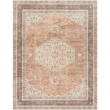 A traditional terracotta-colored rug with floral patterns and a central medallion design.